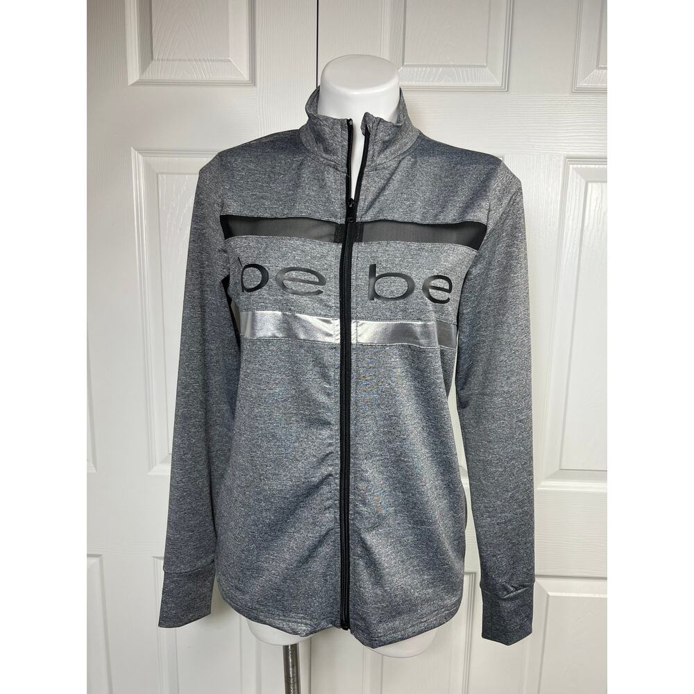 Bebe Sport Heather Gray Mesh Striped Zip Front Athletic Jacket Size Medium